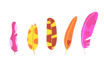 Set of hand drawn bright color feathers, modern and abstract. Flat illustration.