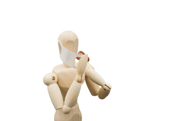 マスクを片方だけ開けて肉を食べるデッサン人形
