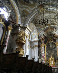 Oppulent Bavarian Baroque and rococo interior style architecture inside Roman Catholic church or...
