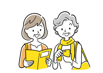 ベクターイラスト素材：旅行先でスマホとガイドブックを見る2人のシニア女性たち
