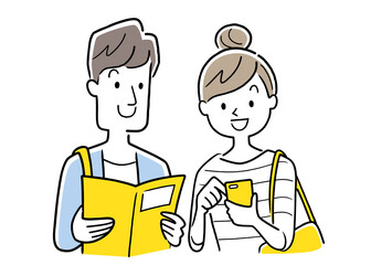 ベクターイラスト素材：旅行先でスマホとガイドブックを見る夫婦、カップル
