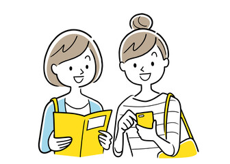 ベクターイラスト素材：旅行先でスマホとガイドブックを見る2人の女性たち
