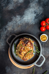 Roasted Christmas ham of turkey. large piece of baked pork with mustard. banner, menu recipe, top view