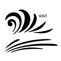 Obraz premium Ocean waves silhouette sketch. Surge, ripple, wavelet in nature. Surfing travel and vacation vector illustration. Ocean tidal or storm wave icon isolated on white background. Sublimation print, logo