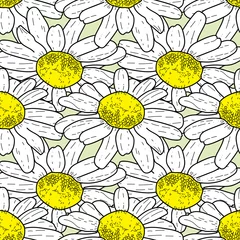 Poster Im Rahmen Vector green background daisy flowers and wild flowers. Seamless pattern background © RoseOu