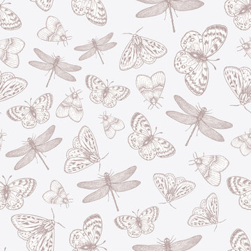 Butterflies and dragonflies seamless pattern. Vintage background. 