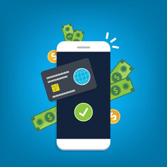 Cashback on smartphone, money bonus reward on mobile phone screen, cash returned back, income received, illustration