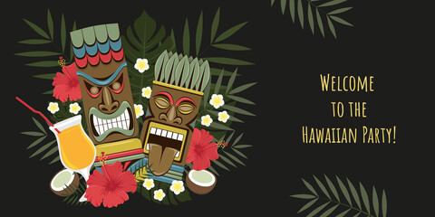 Hawaiian banner. Party invitation. Vector image of Hawaiian tiki statues, palm leaves, flowers. Template for banner, flyer, invitation. - obrazy, fototapety, plakaty
