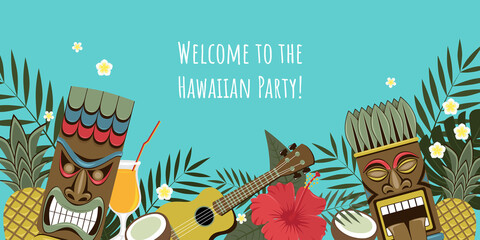 Hawaiian party invitation. Vector image of Hawaiian tiki statues, palm leaves, flowers, pineapple, coconut.