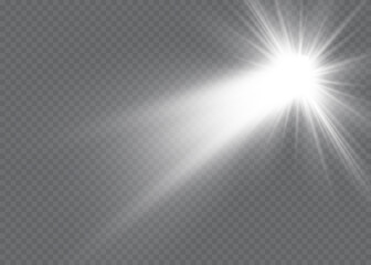 White glowing light explodes on a transparent background. Vector illustration of light decoration effect with ray.