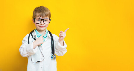 Positive cute child boy doctor indicating with forefinger empty space showing best low prices....