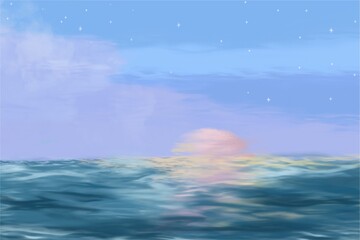 The magic of the moonlight by the sea in pastel colors for a natural background or model. , ocean waves and sun.