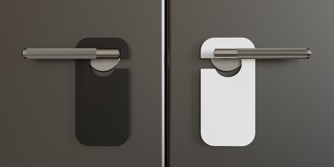 Door hanger mockup. black and white door hangers on a closed door. Place for your text. 3d illustration