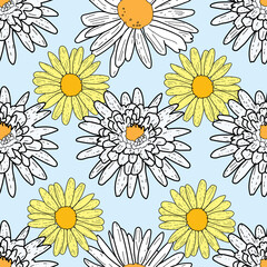 Vector pastel blue background daisy flowers and wild flowers. Seamless pattern background