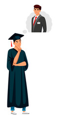 Graduate chooses profession. Guy will be businessman, office worker or manager. Young man in graduation form thinking, choosing future career isolated person. Vector character illustration.