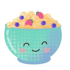 illustration of a cartoon smiling plate with porridge, oatmeal, granola. Nice breakfast. Porridge with berries - strawberries, blueberries