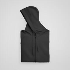 Mockup black folded hoodie with zipper, strings, isolated on background