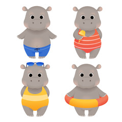 Cute animal summer stickers set, hippo in swimwear with ice cream, beach and pool character
