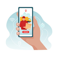 Online delivery service. E-commerce concept. Hand holds a smartphone. A courier with a box  in his hands. Vector illustration.
