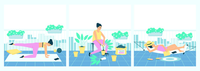 Set of female activities on the balcony. A woman is engaged in fitness, plants flowers, rests in a hammock. Leisure hobby activity illustration. Flat vector illustration.