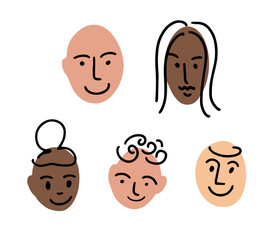 Family portrait. Doodle avatar set. Woman, man, boy, girl, teenager face portrait, grandmother grandfather old, young man, hairstyle, african, asian, caucasian, american. Vector illustration.