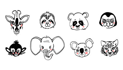 Animals portrait: penguin, panda, sloth, giraffe, koala, elephant, monkey, tiger. Black line sketch. Cartoon cute animal head illustration. Vector hand drawing doodle logo style.