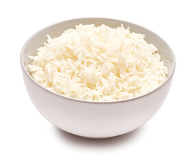 Boiled Rice in a ceramic bowl isolated on a white background with clipping path embedded