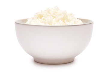 Boiled Rice in a ceramic bowl isolated on a white background with clipping path embedded