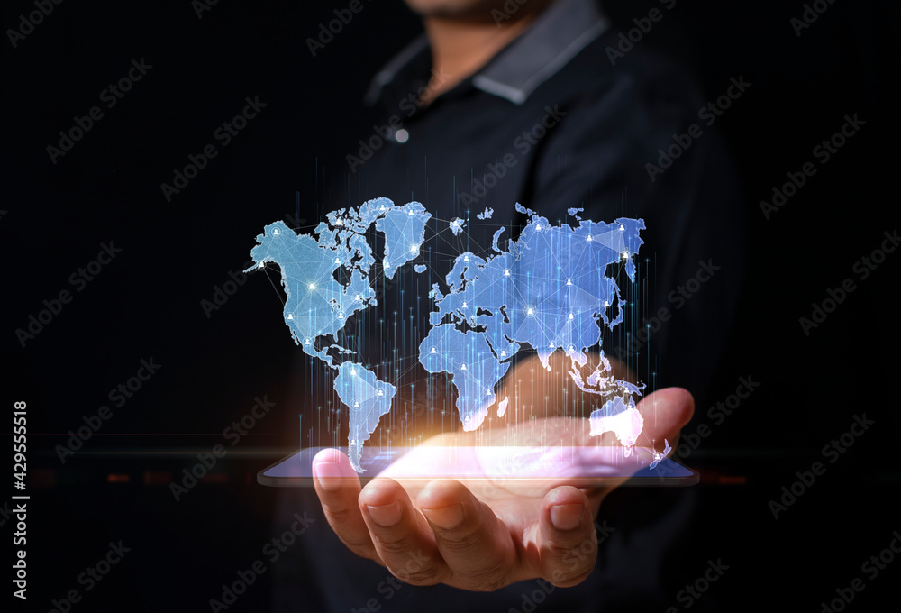 Poster a businessman is holding a smartphone map and technology network connection display. global network 