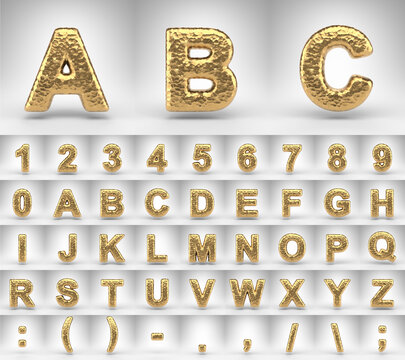 Hammered brass alphabet on white background. 3D letters numbers and font symbols with shiny metallic texture.