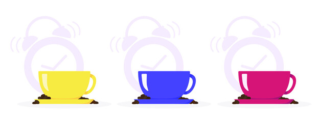 A cup of coffee and coffee beans on the background of the alarm clock. Set, cups of different colors. 