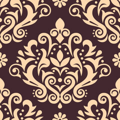 Damask luxury vector seamless pattern, victorian navy blue textile or fabric print design with flowers, swirls and leaves
