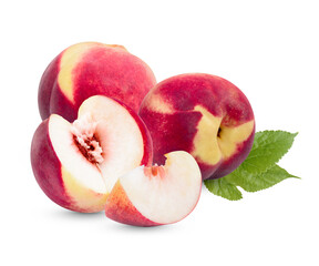 Fresh peach with leaves isolated on white background