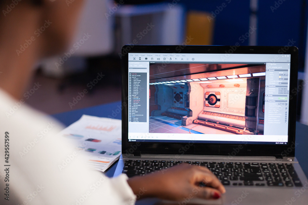 Poster black freelancer game developer typing on keyboard developing new level of videogame. african pro pl