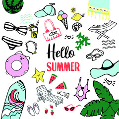 Big set of hand drawn cute cartoon summer symbol and objects for wrapping, package, poster, web design, fabric. illustration isolated over grey background