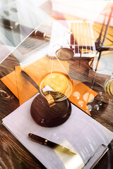 Business and lawyers discussing contract papers with brass scale on desk in office. Law, legal services, advice, justice and law concept picture with film grain effect