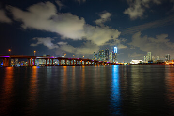 Florida Miami skyscrapers skyline. Town at the night. USA downtown.
