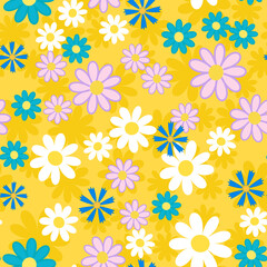 Cute abstract seamless pattern with big yellow,white chamomile flowers, blue cornflower on the yellow background.
