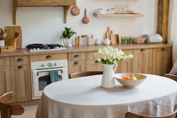 Light wooden kitchen interior, wooden furniture
