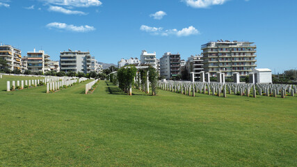 Μilitary park cemetery in Alimos district in remembrance of British troops that died in World War II on a beautiful spring morning, Athens, Attica, Greece
