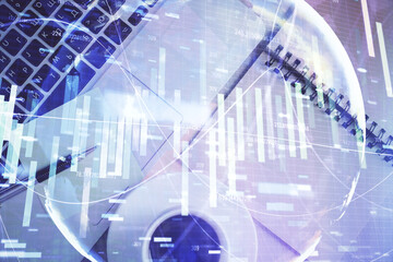 Business theme hologram drawings over computer on the desktop background. Top view. Multi exposure. Concept of international connections.