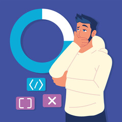 man with pie chart and codes