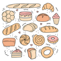 bakery products drawn in the style of doodle. black and white bread, cake, monchik, croissant. vector illustration on a white background.