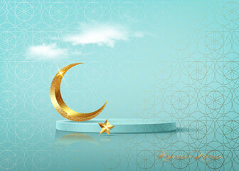 Plakat Ramadan Kareem 3D vector of classic teal Muslim Islamic festival theme product display background with gold crescent moon, golden star, Islamic Arabic decorations. Podium studio, religious symbols