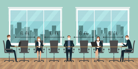 Social distancing 6 feet in office. Employees working in masks. Vector illustration.