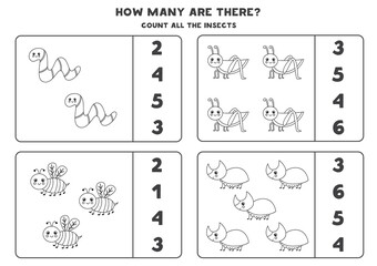 Counting game with cute black and white insects. Math worksheet.