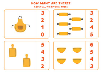 Counting game with kitchen utensils. Math worksheet.