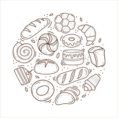 bakery products drawn in the style of doodle. black and white bread, cake, monchik, croissant. vector illustration on a white background.