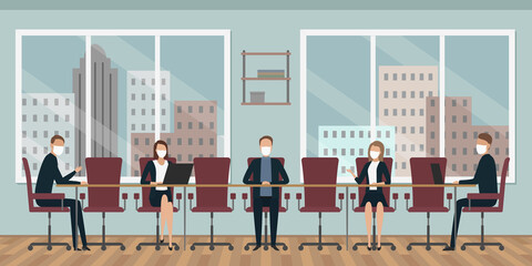 Team working in masks in office. Vector illustration.