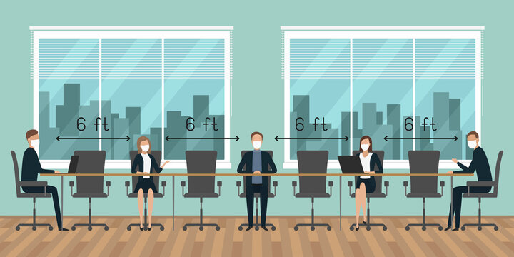 Social Distancing 6 Feet In Office. Employees Working In Masks. Vector Illustration.